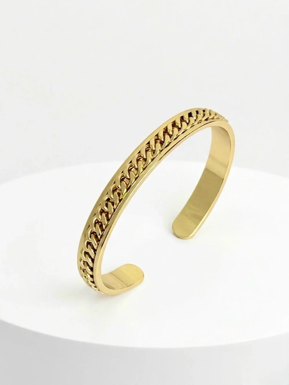 14K Gold Plated Cuff Bracelet with Cuban Link Detail | Minimalist Gold Bangle